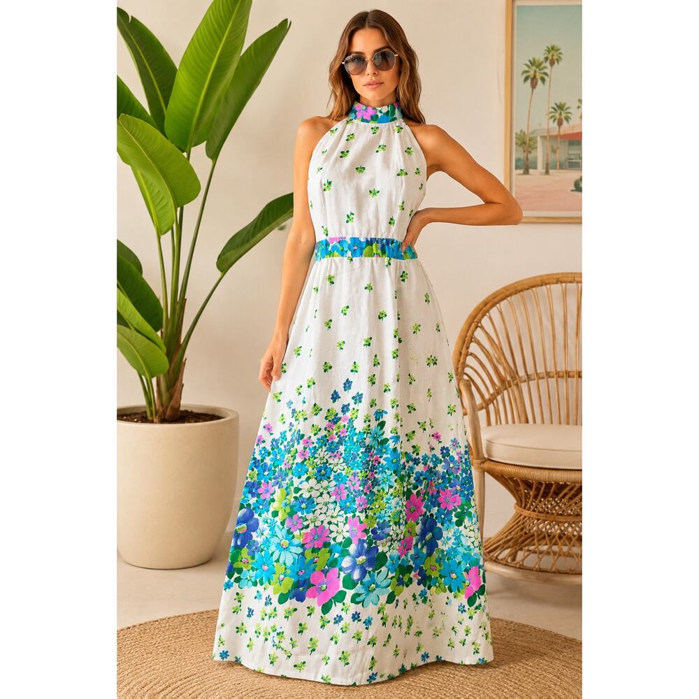 VTG 60s 70s Hawaiian Floral Maxi Dress Neon Mod Hostess Halter S M Rare